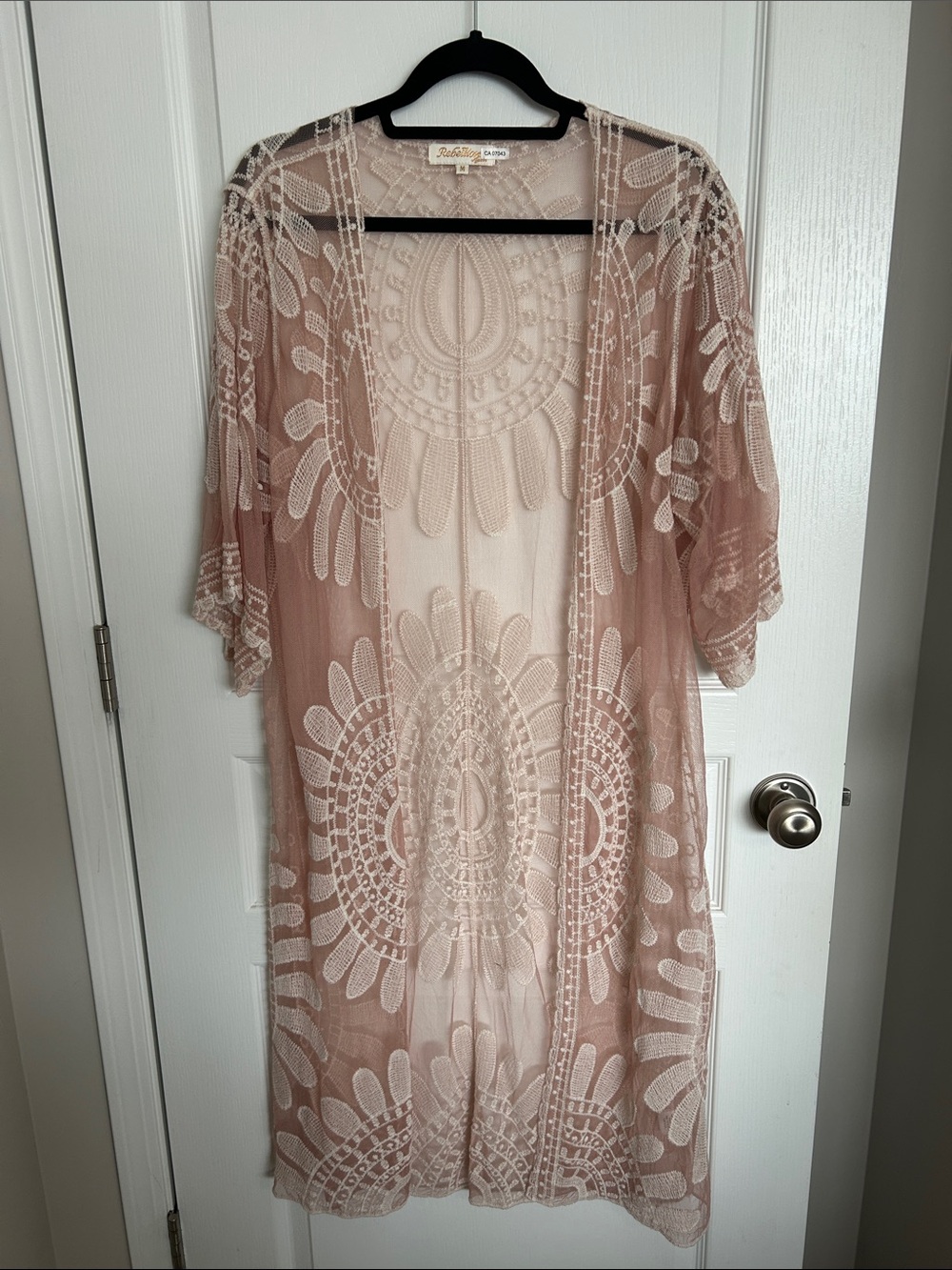 Rebellion Again Blush Embroidered Sheer Kimono Robe
